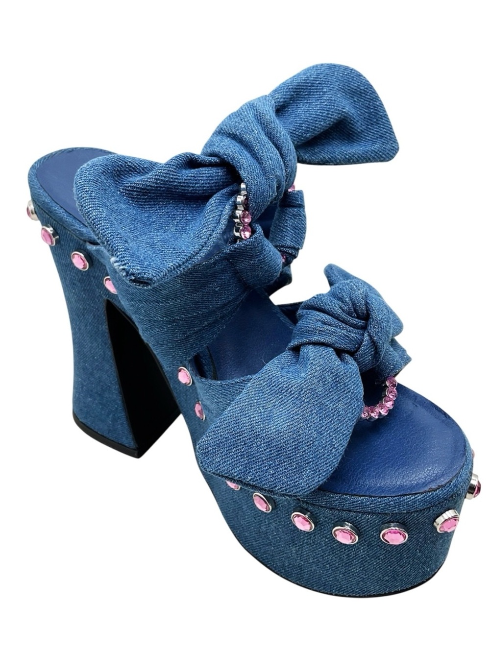 {Sugar Thrillz} Denim Strike A Pose Bow Mule Heels
